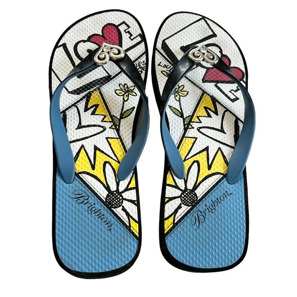 Brighton Love Platform Sandals Flip Flops 9 Black Blue Abstract Silver Heart - Picture 3 of 13